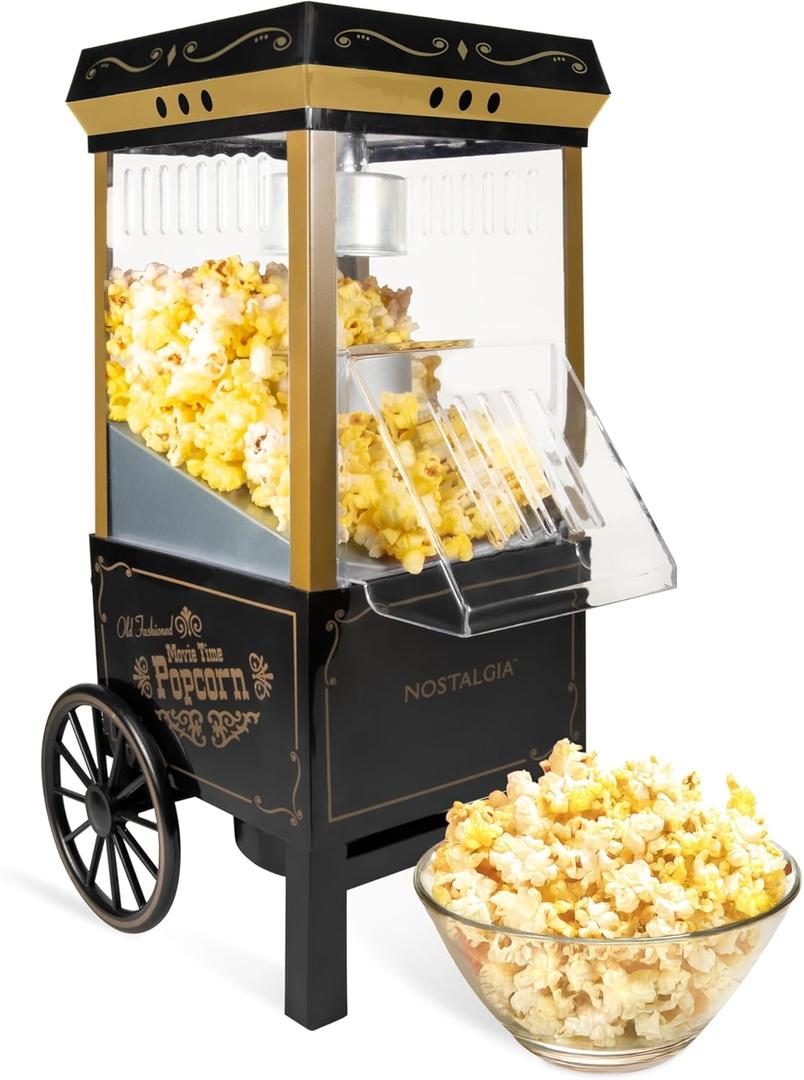 Nostalgia Vintage Hot-Air Popcorn Maker Machine - Makes Up to 12 Cups - Oil-Free - Healthier Popcorn - Classic Stand-Up Cart With Wheels - Includes Kernel Measuring Cup - Black