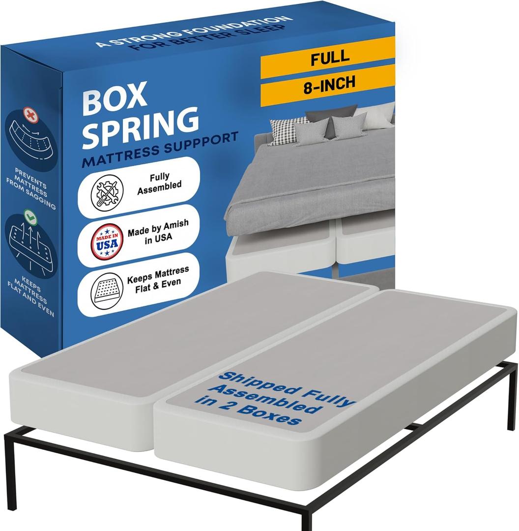 Greaton, Box Spring Bed Base Full Size, 8-Inch Wood Mattress Foundation  Amish Made in USA  Quiet Noise Free, 2-Pieces Under Mattress-Support BoxSpring, Fully Assembled, White.
