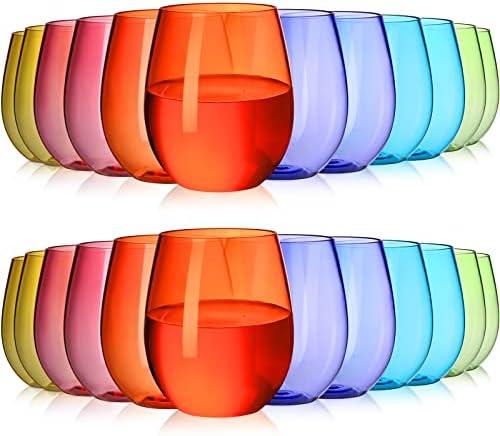 Gerrii 18 Pack 12oz Plastic Stemless Wine Glasses Bulk Colored Reusable Shatterproof plastic wine cups for Indoor Outdoor Dining Supplies Party 6 Colors