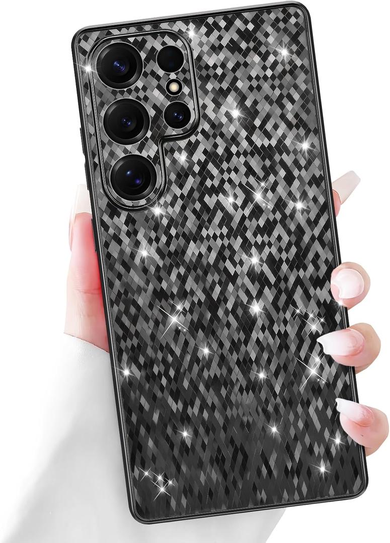 Newseego for Samsung Galaxy S25 Ultra 5G Case, Luxury Bling Rhombus Pattern Plating Case for Women Girls Men Anti-Scratch Soft TPU Frame Hard PC Back Bumper Cover for Samsung Galaxy S25 Ultra-Black