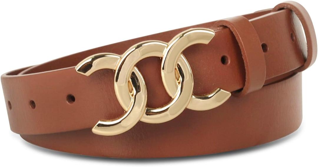 Women's Leather Belt with Buckle - Ideal for Dresses, Jeans, and Coats (28-31 (Pant 6-10), Aev-brown-gold)