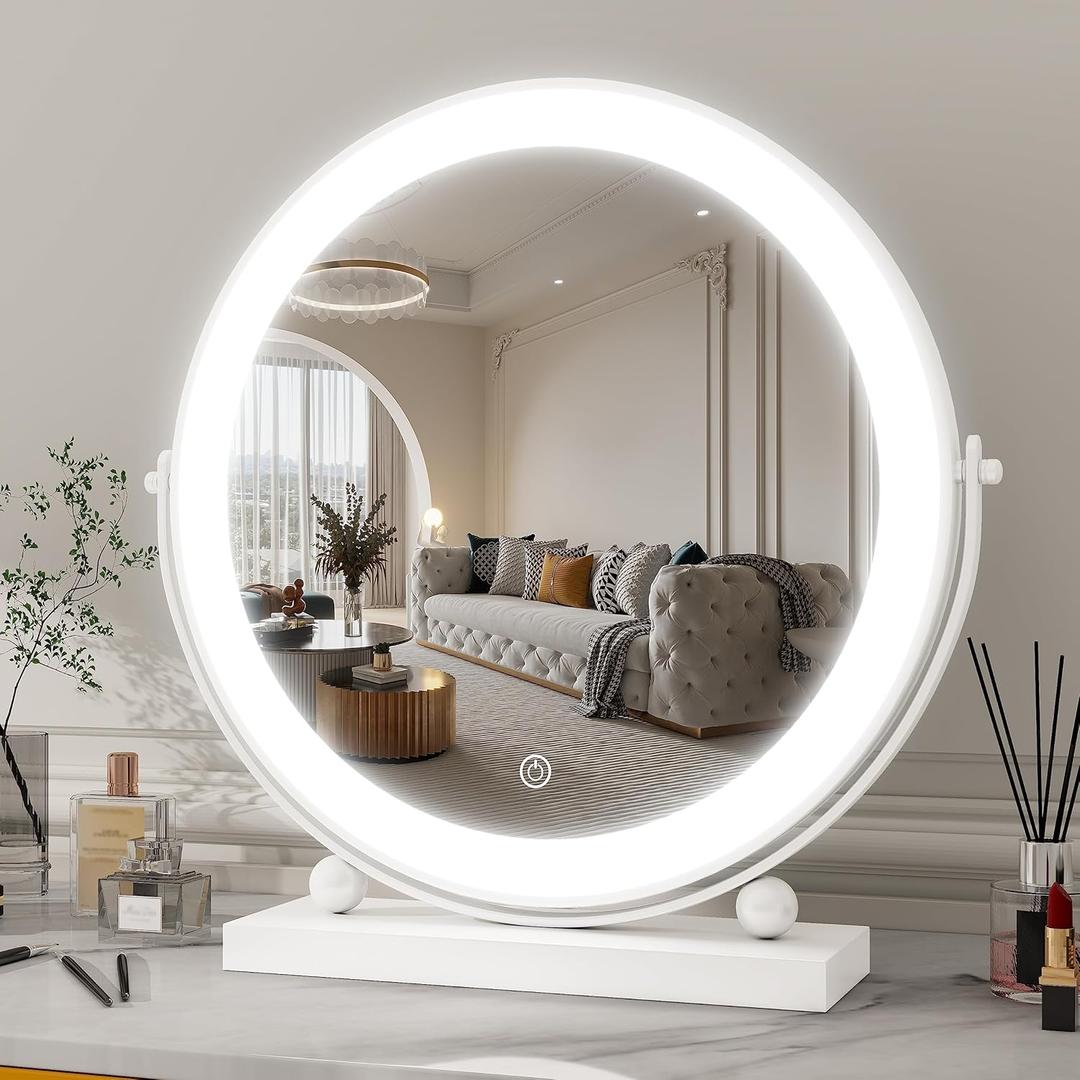 ROLOVE 13 Inch Vanity Mirror with Lights, Round Make Up Mirror with Lighting, LED Mirror Makeup Mirror with Lights for Bedroom Tabletop, Smart Touch Control, 360 Rotation (White)