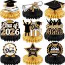 2 x Yisong 9 Pieces 2026 Graduation Party Table Decorations Class of 2026 Congrats Graduation Centerpieces for Tables Congratulate Honeycomb Centerpiece Topper for Grad Party Supplies(Black Gold)