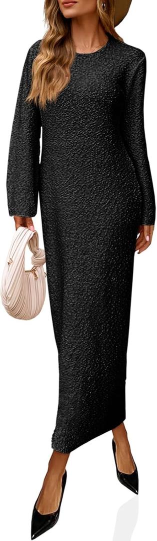 Saodimallsu Womens Long Sleeve Midi Sweater Dress Crew Neck Swiss Dot Soft Knit Casual Fall Trendy Maxi Dresses (Small, Black)