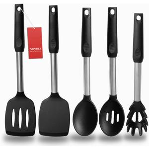 Silicone Spatula and Cooking Spoon,5 Pack Non-Stick Cooking Utensils for KitchenHeat Resistant Solid & Slotted Spoons and Spatulas, Stainless Steel Handle Coated with Silicone, Black