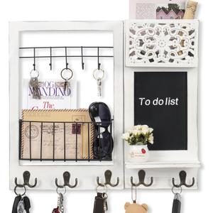 Key Holder Wall Mount, Mail Organizer with 10 Hooks and Shelf, Wall Decorative Key Rack with Chalkboard for Entryway Hallway Bedroom Farmhouse Dog Leash Home Decor (Vintage White)