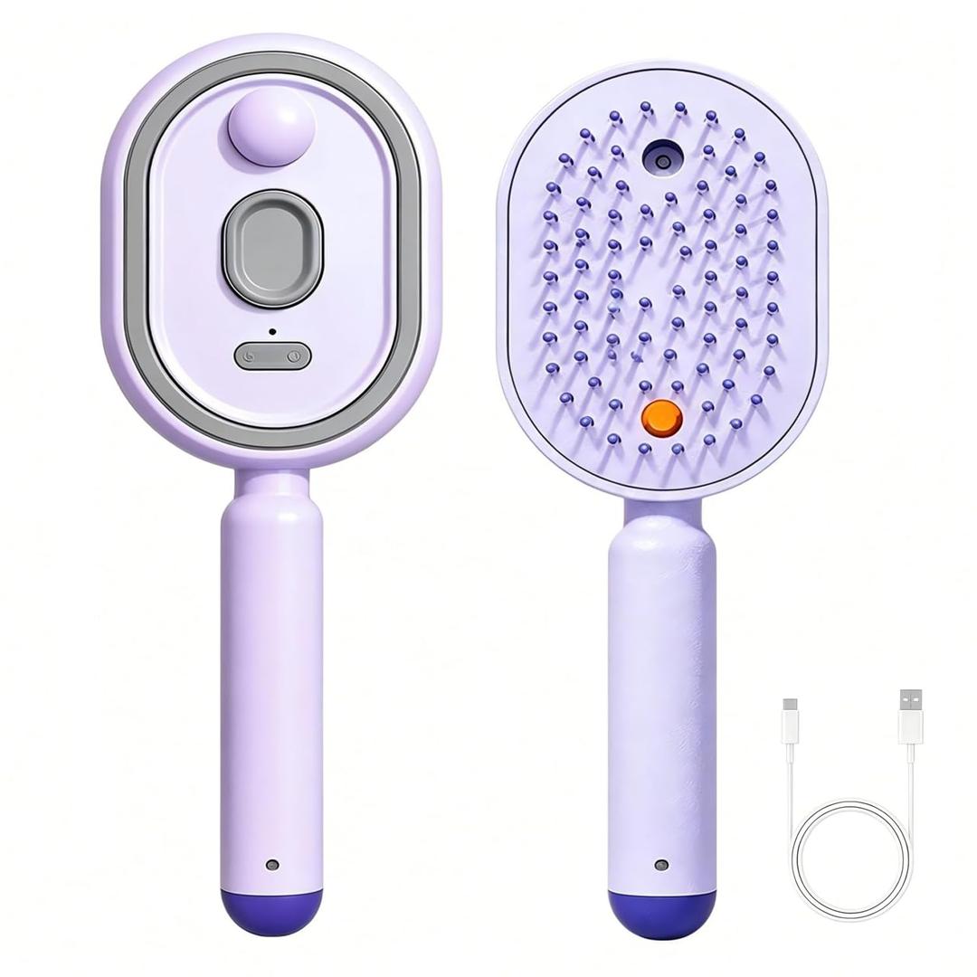 Electric Steam Spray Hair Brush, Rechargeable Air Cushion Massager with Red Light, Anti Static Detangler for Women, Frizz Reduction, Smoothing & Nourishing Dry Damaged Hair (Purple)
