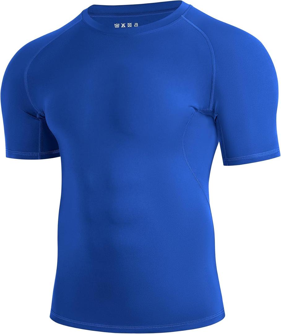 Men's Compression Shirt Short Sleeve Athletic Football Undershirts Quick Dry Base Layer T-Shirt Workout Gym Running, Blue, Small