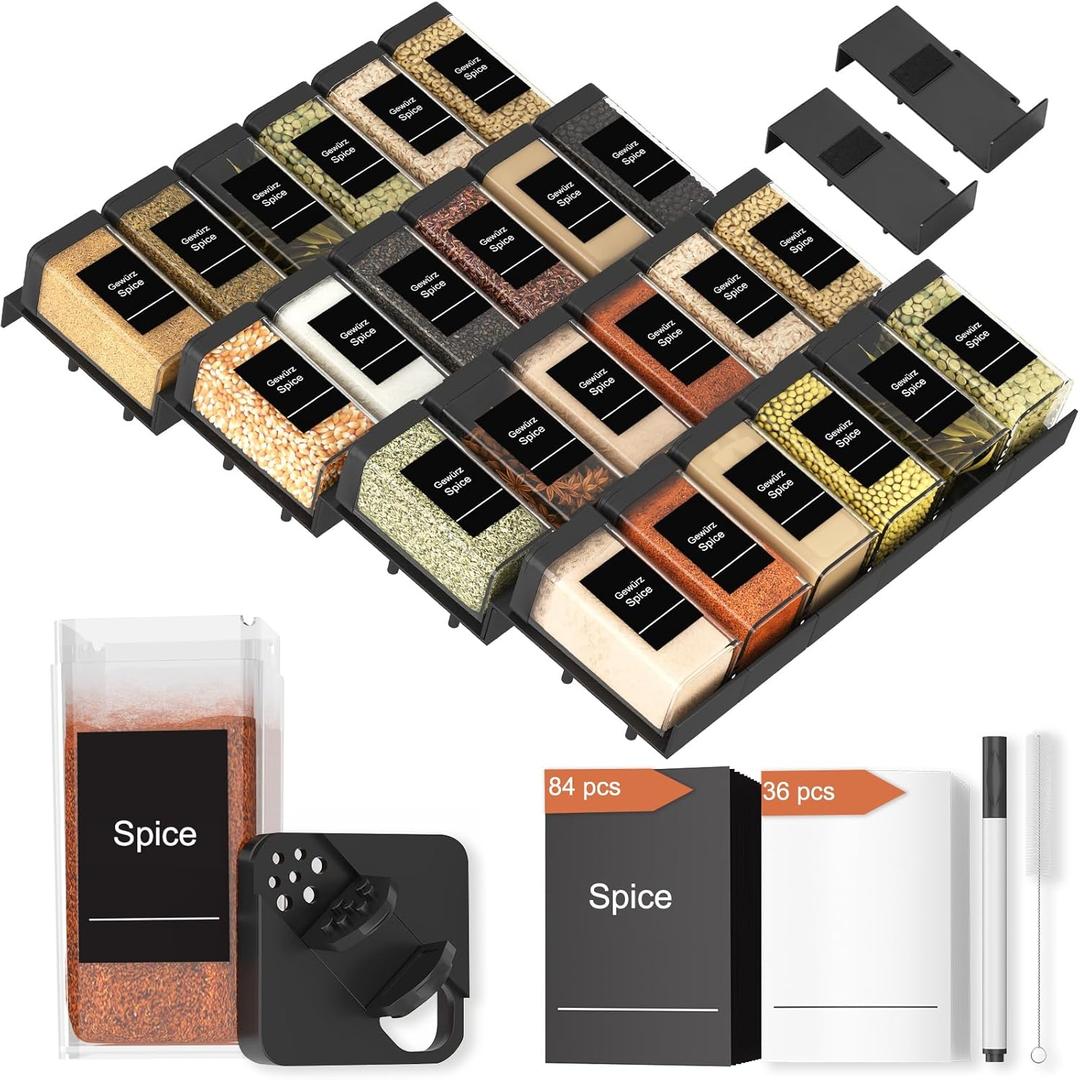 Famhap Spice Drawer Organizer 24 Pcs with 24 Plastic Spice Jars and LabelsInterlocking Expandable Seasoning Rack Tray Insert for Kitchen Drawers, Spice Rack Drawer (Black)