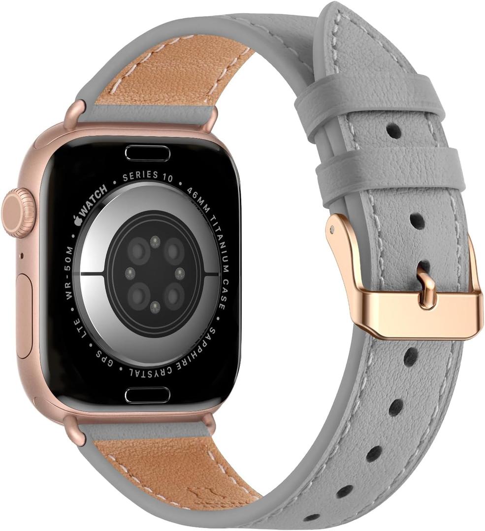 Bestig Leather Bands Compatible with Apple Watch Band 38mm 40mm 41mm 42mm(Series 10 11) for Women Men, Wristband Strap for iWatch SE3/2/1&Series 9 8 7 6 5 4 3 2 1(Light Gray+Rose Gold)