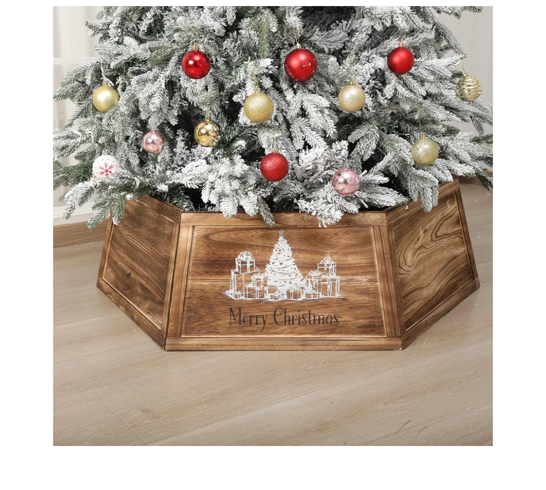 40" Wood Christmas Tree Collar, XL Hexagon Xmas Bottom Cover, Rustic Vintage Skirt for 7.5-11 ft Christmas Tree, Wooden Xmas Oversized Holiday Decor for Home Festive Party(Brown,Cute)