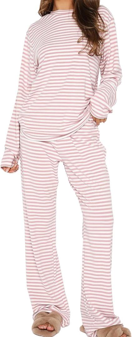 Ythomm Striped Pajamas Womens 2 Piece Sets Long Sleeve Tee Shirts Drawstring Wide Leg Pants Matching Sets Fall Lounge Outfits (Large, Pink-no Drawstring)