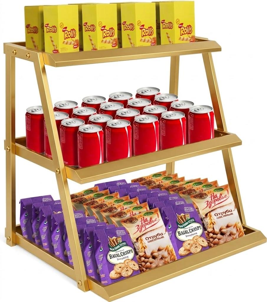 3-Tier Candy Display Rack, Upgraded Metal Snack Rack Display Stand, Snack Organizer for Countertop, Kitchen and Stores (Gold)