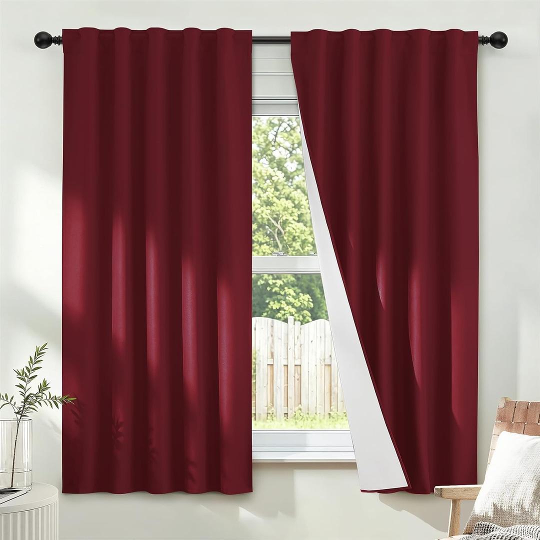 Yakamok Burgundy Red Blackout Curtains 63 inch Long with Back Tab 40" Wide
Thermal Insulated Room Darkening Drapes with Rod Pocket for Bedroom/kids Room,Full Light Blocking for Living Room, 2 Panels