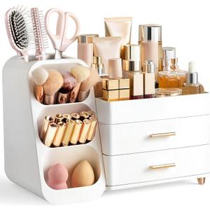 HBlife Makeup Organizer with Brush Holder for Vanity, Large Plastic Bathroom Countertop Organizer Skin Care Storage, Easy to Store Lipsticks, Nail Polishes, Perfumes, Eyeshadow Palettes, All White