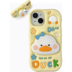 Kawaii 3D Duck Phone Case for iPhone 13 Pro Max (with Retractable Phone Stand & Grip) Cute Girly Cartoon Soft Silicone Phone Cover for Girls, Kids, Teens, and Women, Yellow