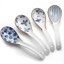 IQCWOOD Ceramic Asian Soup Spoons, Blue and White Japanese Spoon for Soup Rice Ramen Pho Wonton Dumpling Miso, Deep Oval Hook Design, Gifts for Friends Parents Family (Brown)