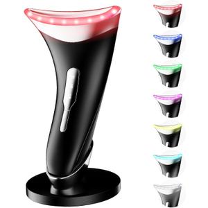 7 Color Light Therapy Facial Massager with Adjustable Vibration and Thermals for Wrinkles, Double Chin, Red Light Skin Care Tool with Base, Black