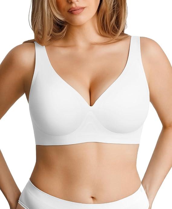 Popilush White Bra Wireless Bra Comfortable Bralette Supportive No Underwire Seamless Deep V Neck Bras Everyday Bras XL