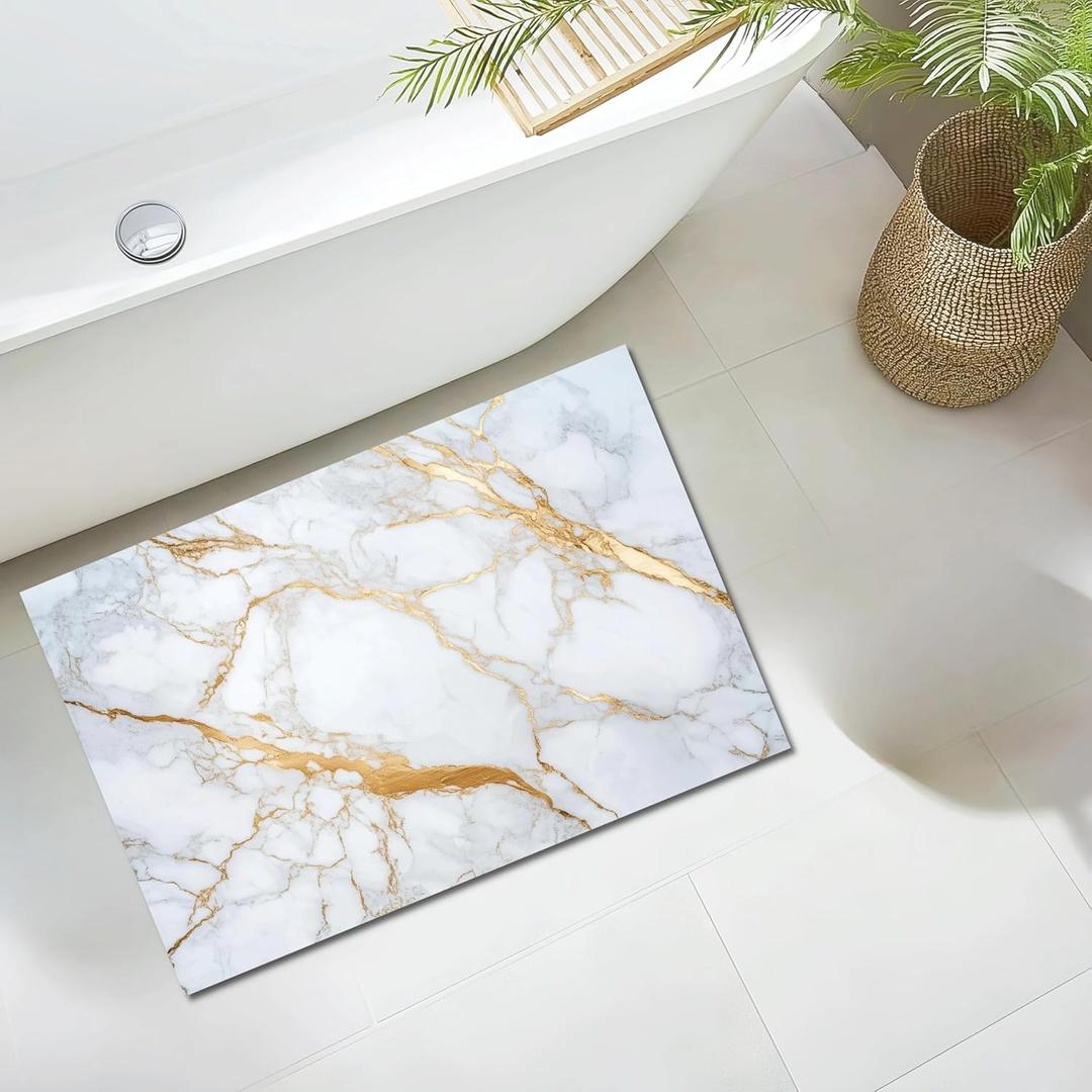 Bathroom Mat Rug White Marble Patterned, Mat for Master Guest Bath Floor, Kitchen Bathroom Sink, Non-Slip, Ultra-Thin, Absorbent, Quick Dry, Aesthetic Bath Mat, Rubber Backing, 17 x 24 in