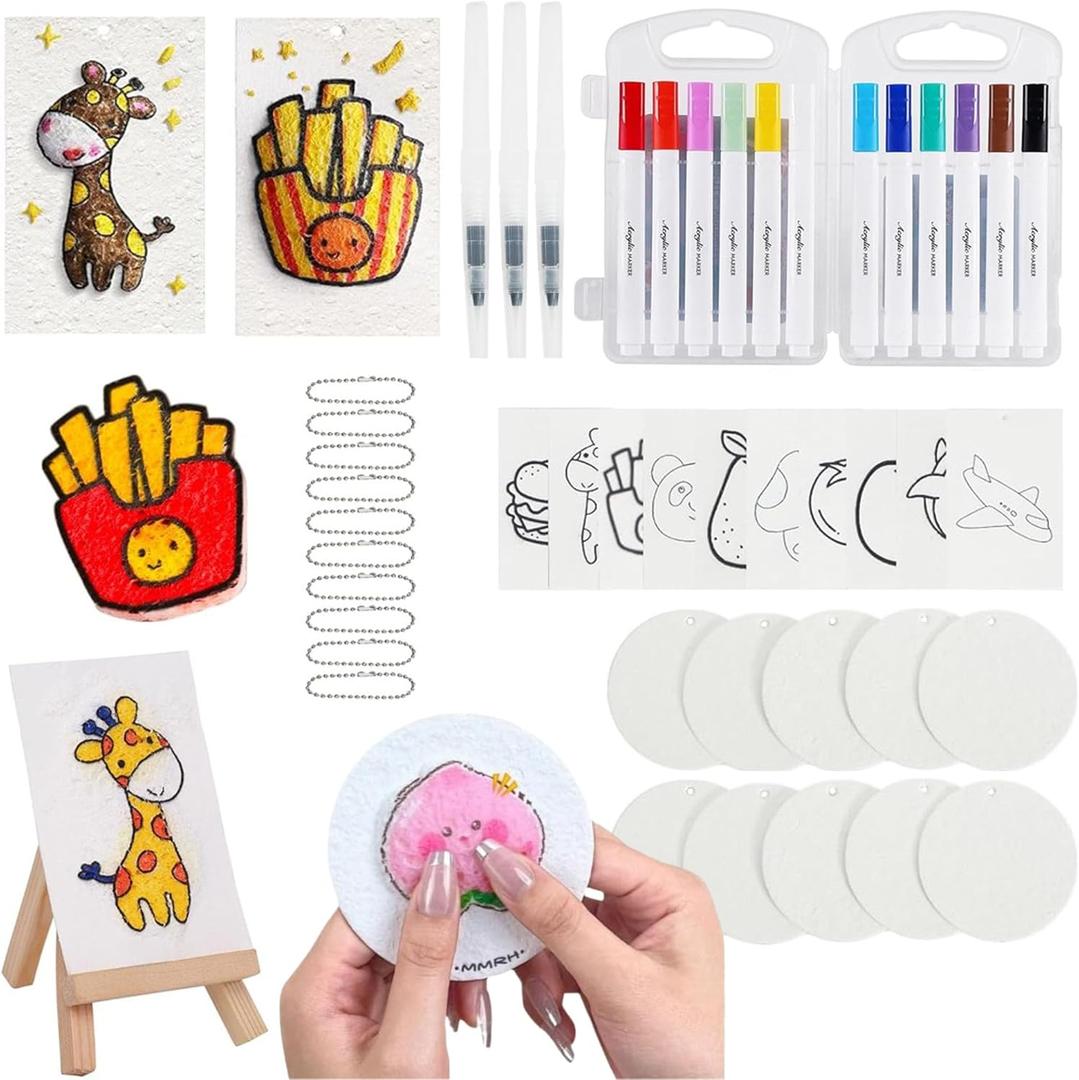 golmotas Magic Foam Texture Painting Kit - Round Shape Set with 20 Puffy Papers, 12 Markers, Water Brushes & Mini Display Easel for Kids DIY 3D Puff Art Craft Activities