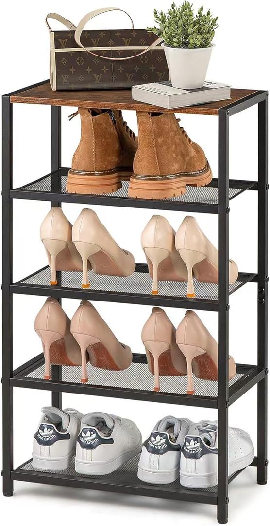 Narrow Shoe Rack for Front Door Entrance, Entryway, and Closet Shoe Organizer with 4 Sturdy Metal Mesh Shelves and Wooden Top, Holds 10 Pairs, Ideal for Storage or Display