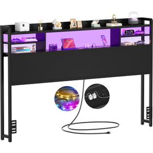 Aheaplus Headboard for Queen Size Bed with Storage, Headboards with LED Light, Power Outlets, USB Ports Queen Size Head Board, Wood headboard Only Sturdy and Stable Headboards, Modern, Black