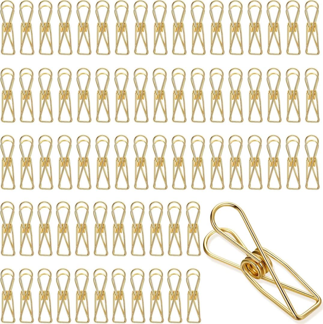 100 Pcs Paper Clips Metal Wire Hollow Out Clothespins Multi Purpose Utility Binder Clips Invoice Bill Stainless Steel Hanging Clothes Pins for School Kitchen Outdoor Office(Small, Gold)