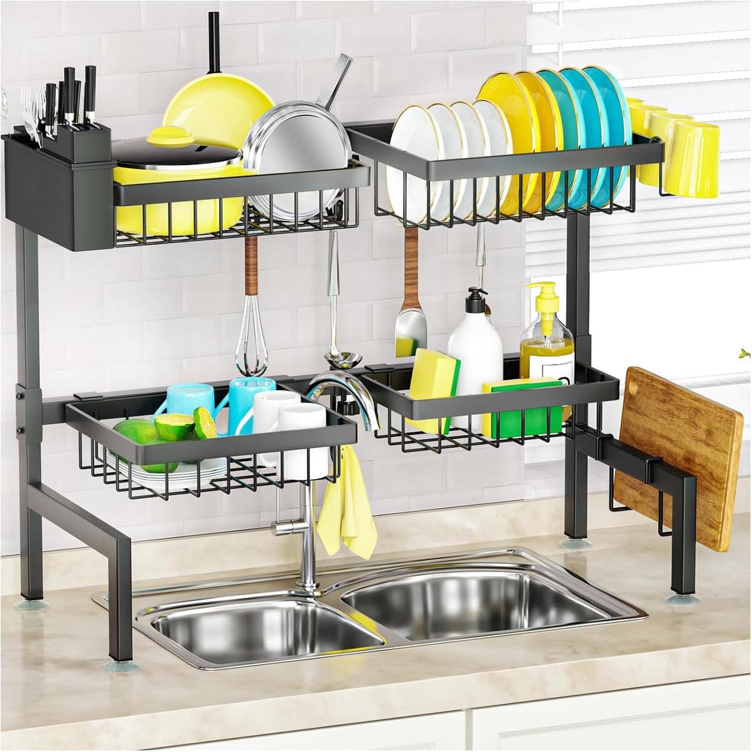 SNSLXH 4 Baskets 2-Tier Over The Sink Dish Drying Rack, 26.57"-35", Large Sink Rack for Kitchen, Extensible and Adjustable, Saving Kitchen Space