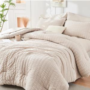 HYMOKEGE Beige Queen Comforter Set Seersucker 7 Pieces, All Season Luxury Bed in a Bag for Bedroom, Bedding Set with Comforters, Sheets, Pillowcases & Shams, Size: Queen(88"x 88")