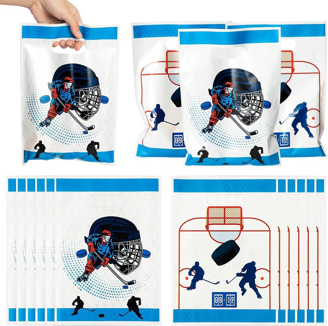 50Pcs Plastic Hockey Party Favor Bag, Cute Goodie Candy Treat Gift Bag with Handles Hockey Themed Kids Birthday Party Decoration Supplies