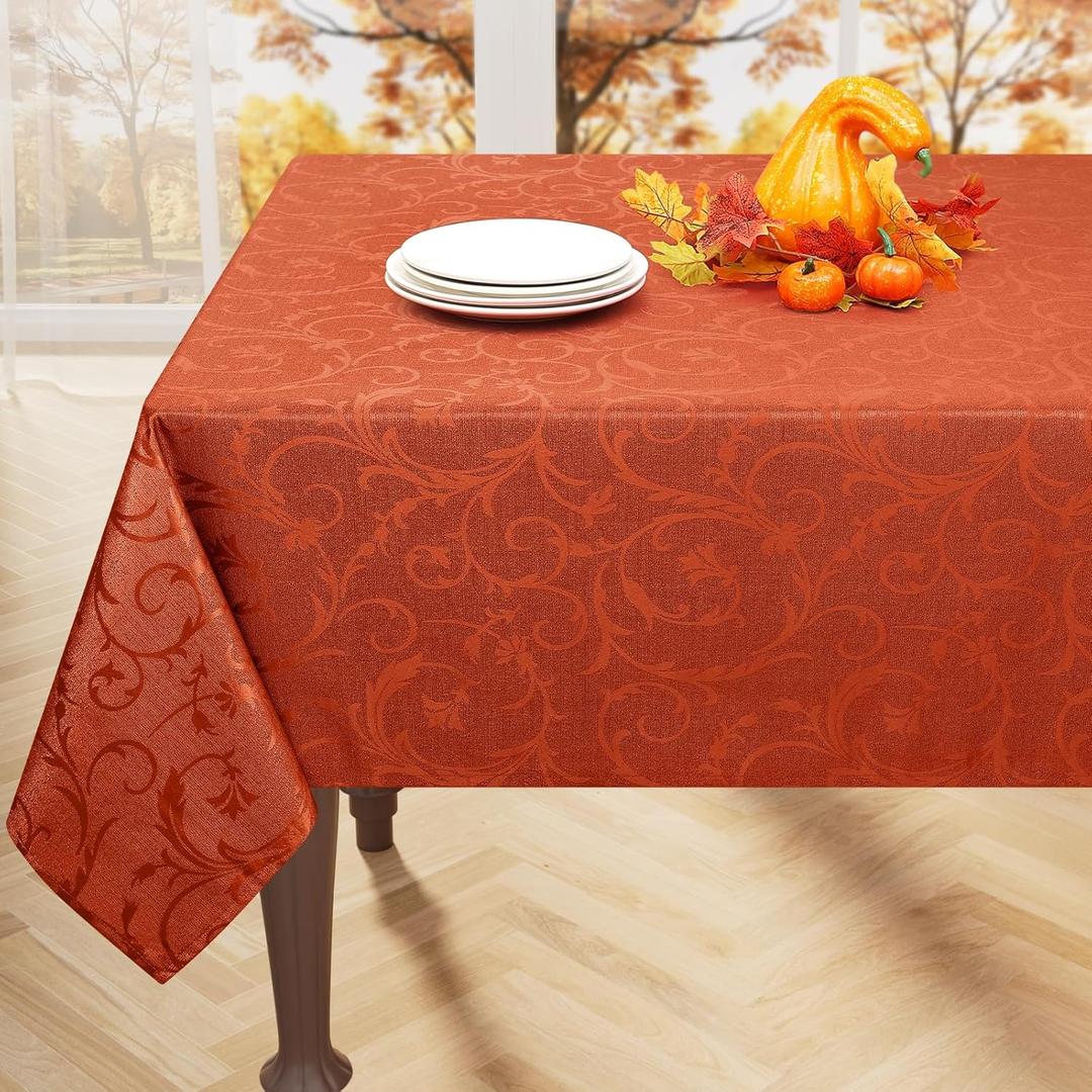 misaya Rectangle Thanksgiving Tablecloth, Waterproof Jacquard Fall Table Cloth, Damask Cloth Table Cover for Harvest Decor (52" x 70", Rust Vine Pattern) (Terracotta)