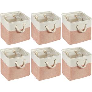 6 Pcs 11 x 11 Inch Cube Storage Bins Fabric Storage Organizer Bins Foldable Cube Baskets with Sturdy Carry Handles Wicker Baskets for Home (Orange Pink and White)