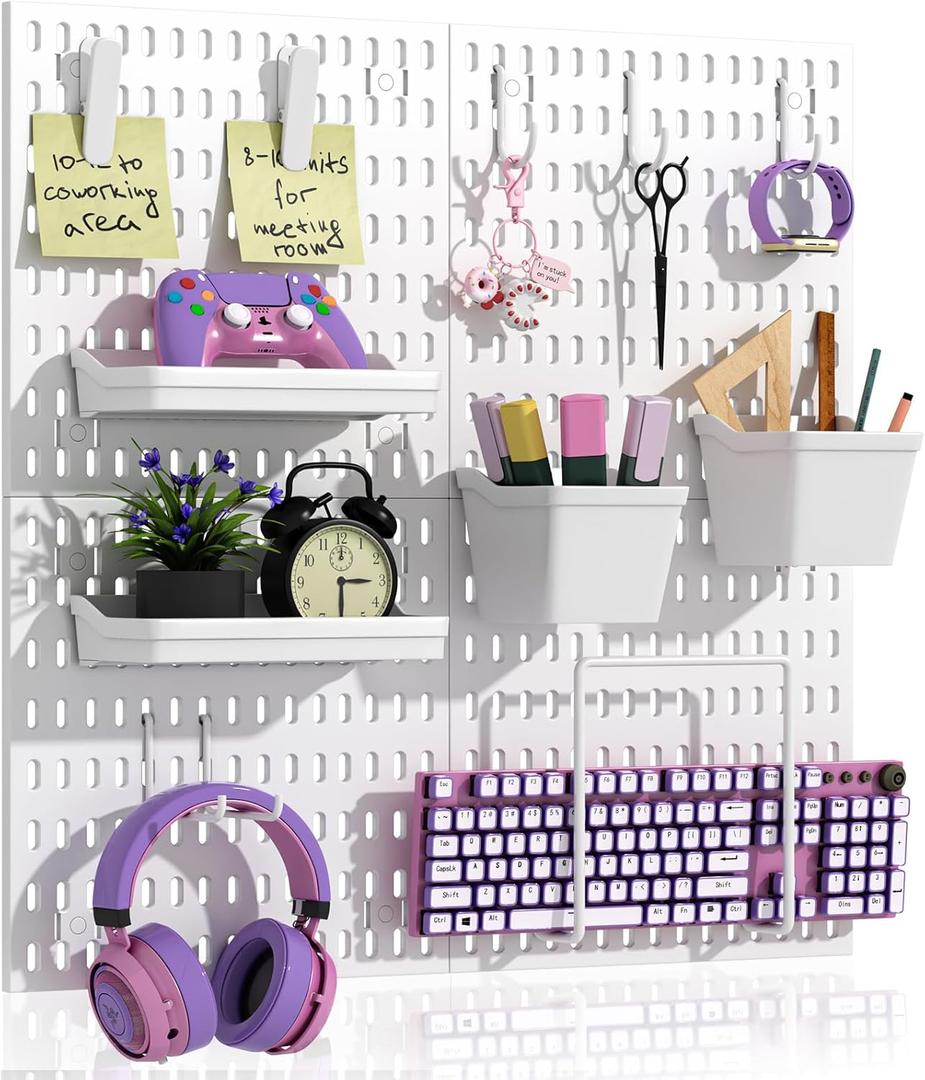 AKTOP Peg Board Wall Organizer 4-Pack – 12"x12" White Pegboard Combination Kit with 13 Accessories for Wall, Plastic Peg Board Panels for Home, Office, Garage Tool Storage & Craft Room