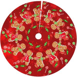 Christmas Gingerbread Man Candy Cane Tree Skirt Holiday Party Traditional Xmas Tree Mat Ornaments Tree Skirt for Christmas Decoration 36 Inch