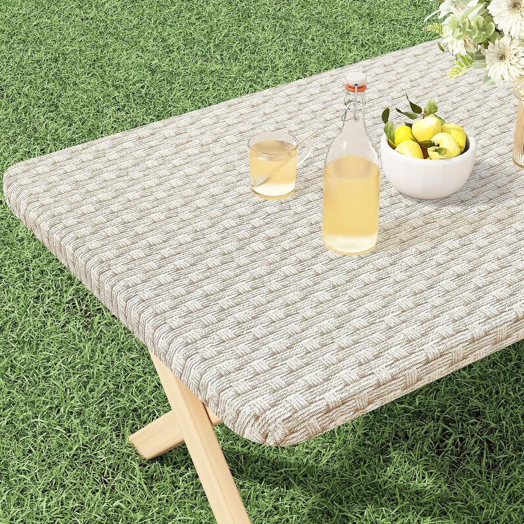misaya Rectangle Vinyl Tablecloth, Fitted Table Cover, 100% Waterproof, Elastic Edge, Flannel Backing, Table Cloth Fit 6 Foot Folding Tables for Picnic, Camping, Outdoor (Weave, 72"×36")