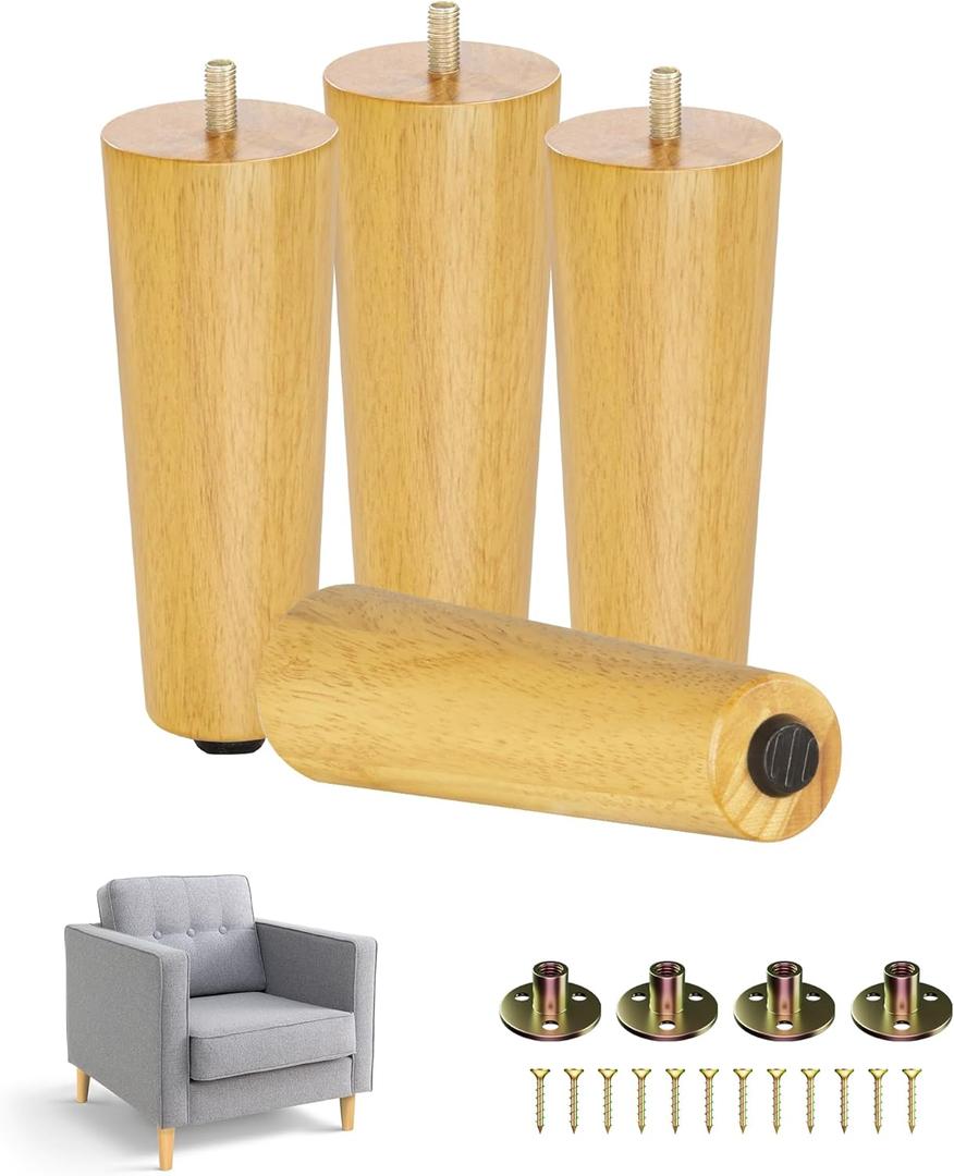 Yes4All 8 Inches Round Natural Solid Wood Furniture Legs Set of 4, Heavy Duty 800 Lbs Capacity Furniture Legs with Leveler, Replacement Legs for Furniture, Couch, Sofa, Dresser, Ottoman