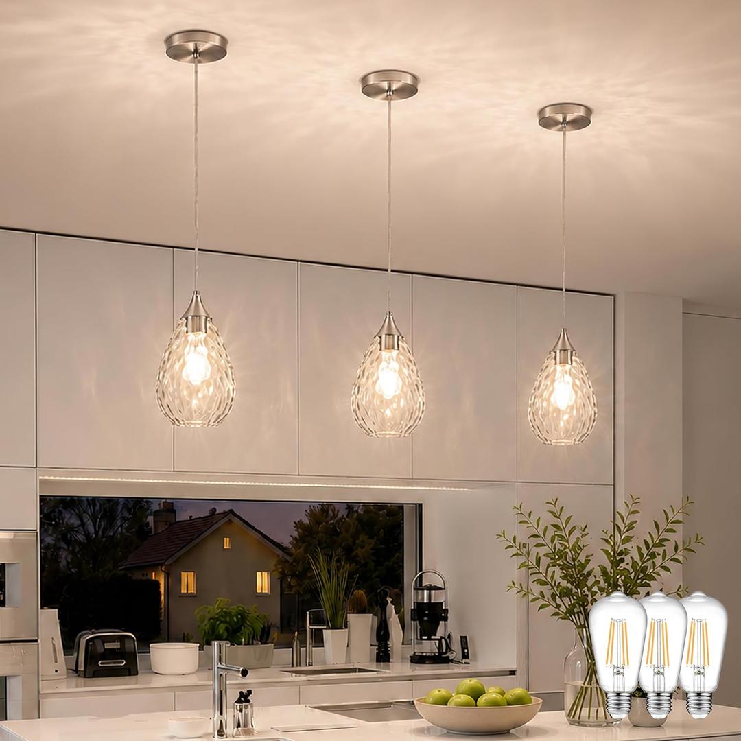 Nickel Glass Pendant Lights Kitchen Island 6.3" Pendant Light Hammered Clear Glass 3 Pack Height Adjustable Modern Hanging Pendant Lights for Dining Room Bedroom Hallway Sink Bulbs Incl.