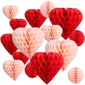 UNIQOOO 16 Pack Red Blush Pink Valentines Day Decorations Pom Pom, Heart & Ball Tissue Paper Honeycomb for Party Decor, Wedding, Engagement, Bridal Shower