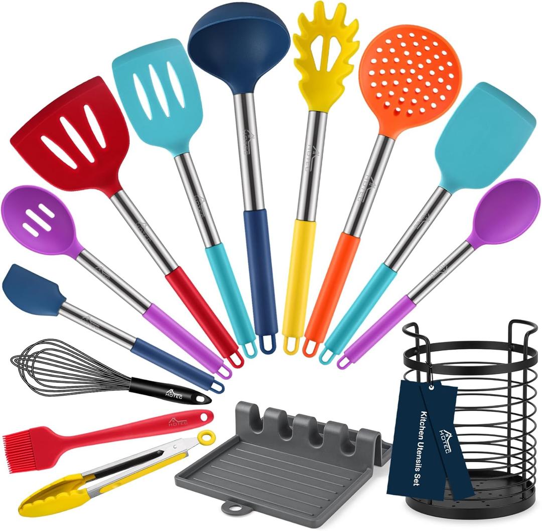 HOTEC Heat Resistant Silicone Kitchen Utensils, Cooking Utensil Set, Spatula Set, BPA Free, Kitchen Gadgets, Utensils Holder, Dishwasher Safe, 14pcs Multicolor