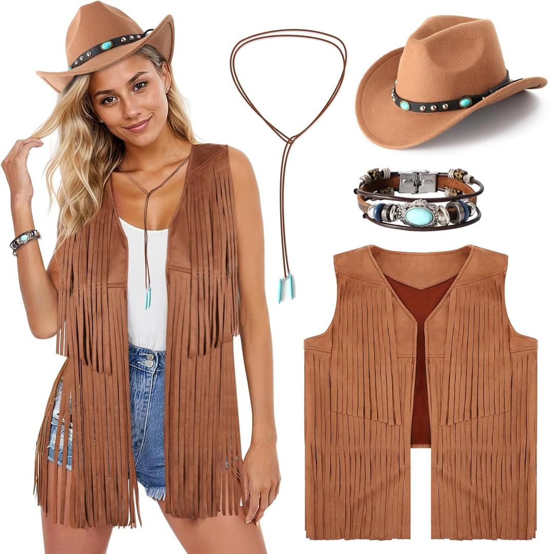 Western Outfits for Women Cowgirl Outfits Cowgirl Vest Boho Cowboy Hat Fringe Vest for Halloween Cosplay (XX-Large, Brown)