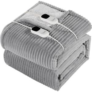 Homemate Electric Blanket Queen Size - 84"x90" Heated Blanket Queen Size 1/2/4/6/8 Hours Auto-Off 10 Heat Levels Over-Heat Protection Soft Flannel Sherpa Heating Blanket Queen ETL Certification (84 Inch x 90 Inch, Light Grey (Striped))