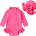 YOUNGER TREE Infant Baby Girls Swimsuit Long Sleeve Swimsuits One Piece Swimsuit Solid Color Bathing Suit with Hat, UPF 50+ 3-6M