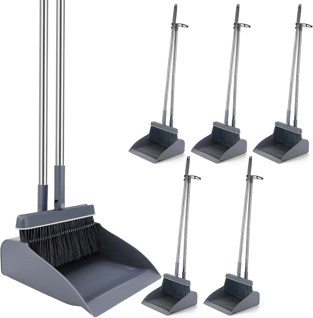 Nosiny 6 Broom and Dustpan Set with 48 Inches Long Handle with Stand up Dustpan Combo Set Large Size and Stiff Broom Dust Pan for Office Kitchen Lobby Floor Use