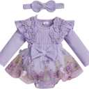 Baby Girl Romper Dress Lace Flowers Baby Dress Romper Infant Fall Winter Festival Clothes with Bow Headband (3-6 Months, Purple)