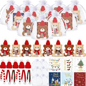 Poen 24 Set 4 Inch Mini Christmas Stuffed Plush Bear with Santa Hat Scarf Christmas Cards Organza Bags Xmas Stuffed Small Bear Toy Set for Xmas Holiday Party Favor (Stylish Style)