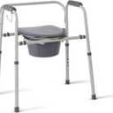 Medline 3-in-1 Steel Adjustable Bedside Commode w/ Microban Protection, Portable Bedside Toilet, 350 lb. Weight Capacity, Removable 7.5 QT. Bucket, Toilet Chair For Elderly, Tool-Free Assembly, Gray