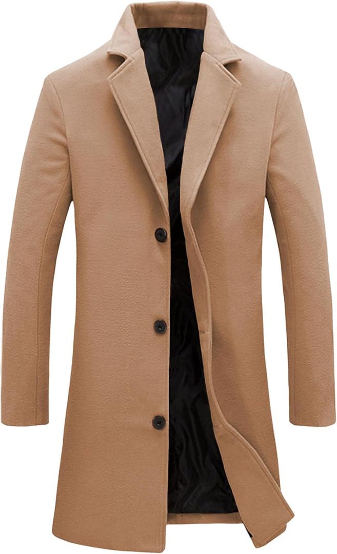 Springrain Men's Wool Blend Pea Coat Notched Collar Single Breasted Overcoat Warm Winter Trench Coat (Large, Khaki)