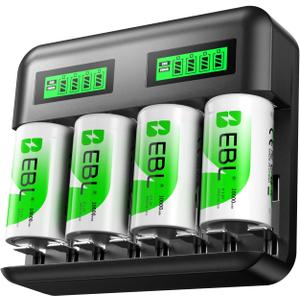EBL Rechargeable D Batteries 4 Pack 1.2V 10000mAh High Capacity with LCD Smart Battery Charger for Ni-MH AA AAA C D Rechargeable Batteries