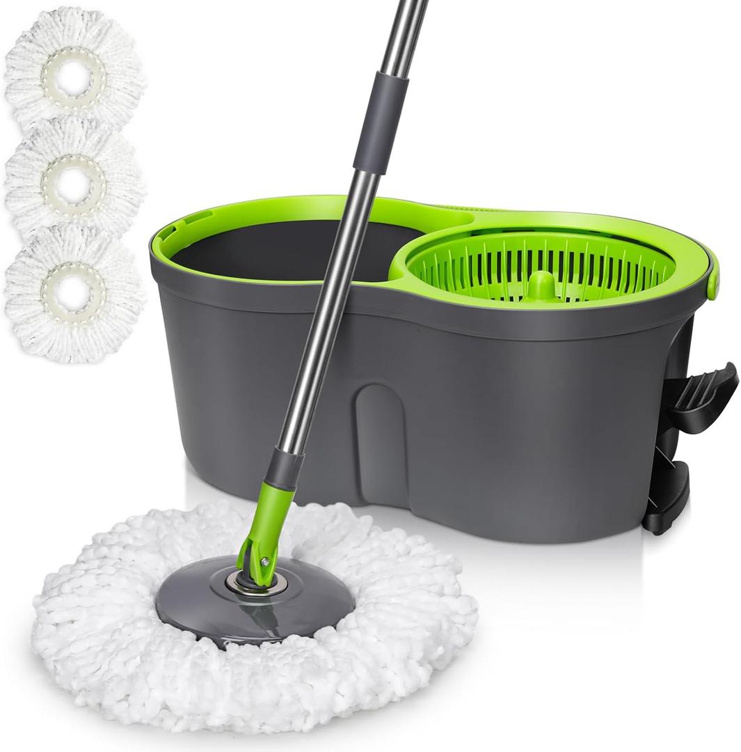 Spin Mop Bucket System,Masthome Pedal Spin Mop and Bucket with Wringer Set,EasyWring Microfiber Mop with 3 Mop Pads,360Spinning Floor Cleaning System - Home & Office Suitable (Green+dark Grey)